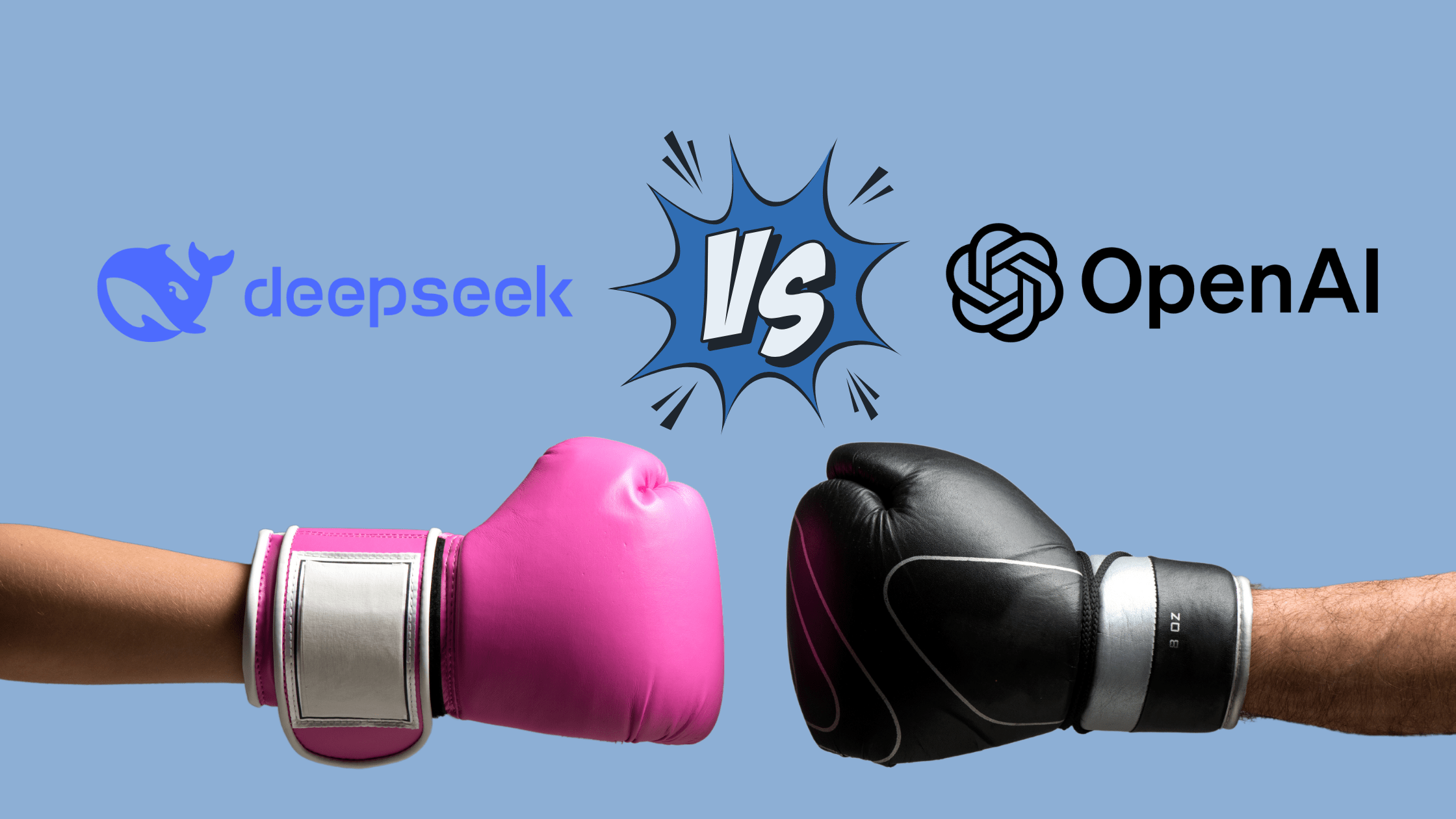 Illustration showing a comparison between DeepSeek vs. OpenAI with boxing gloves.